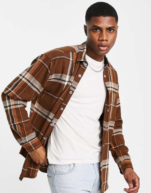 ASOS DESIGN – Brązowa koszula oversize w kratę w stylu lat 90. z dodatkiem wełny
