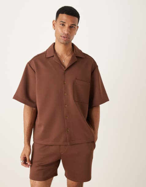 ASOS DESIGN co-ord oversized revere collar shirt in brown scuba-style fabric