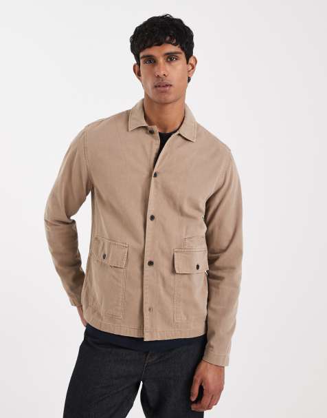 ASOS DESIGN twill overshirt with badge detail in brown