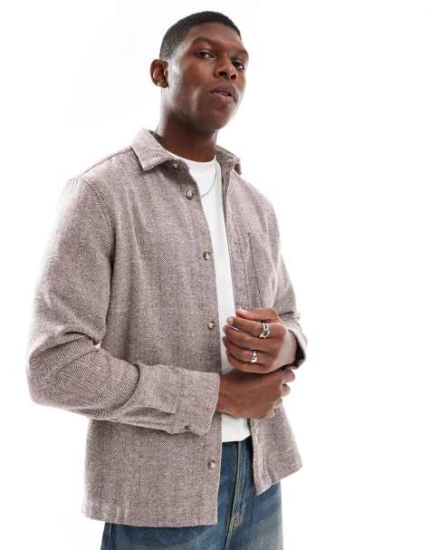 ASOS DESIGN herringbone overshirt with patch pocket in brown