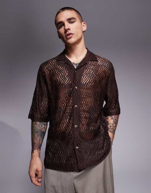 ASOS DESIGN – Brązowa koszula z kołnierzykiem kubańskim o pudełkowym kroju z szydełkowej dzianiny