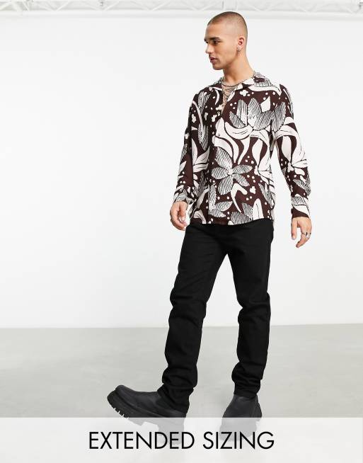 ASOS DESIGN – Brązowa koszula z kołnierzykiem kubańskim w kwiatowy wzór