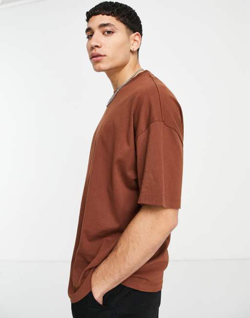 ASOS DESIGN Brązowa koszulka OVERSIZE z okrągłym dekoltem