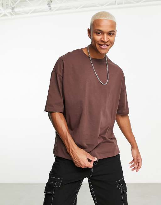 ASOS DESIGN Brązowa koszulka OVERSIZE z okrągłym dekoltem