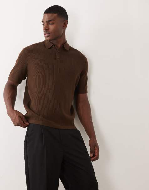 ASOS DESIGN – Brązowa koszulka polo basic o kroju oversize z dzianiny o delikatnym splocie - view 1