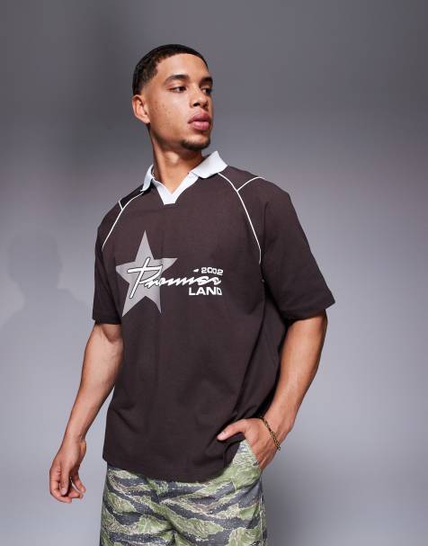 ASOS DESIGN oversized polo with sports graphics and airtex panelling in brown
