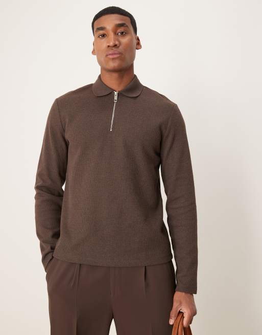 ASOS DESIGN – Brązowa koszulka polo o waflowej fakturze z długim rękawem