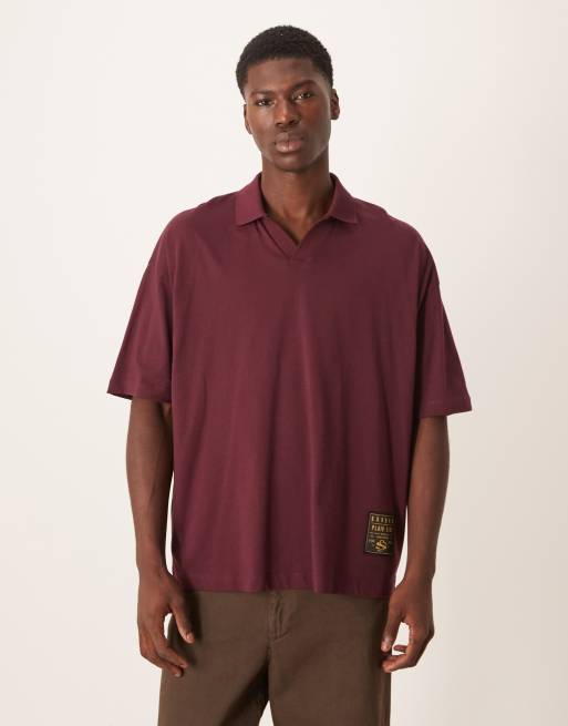 ASOS DESIGN – Brązowa koszulka polo oversize z kołnierzykiem kubańskim i materiałową metką