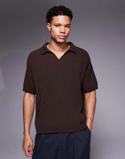 ASOS DESIGN oversized textured knitted notch neck polo in brown
