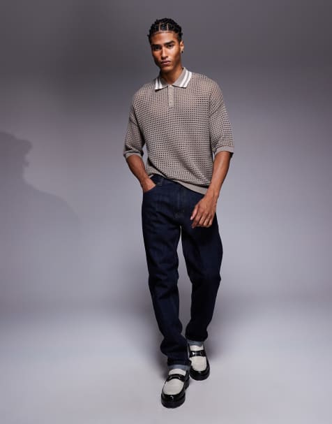 ASOS DESIGN relaxed boxy fit pointelle open knitted polo with collar tipping detail in brown