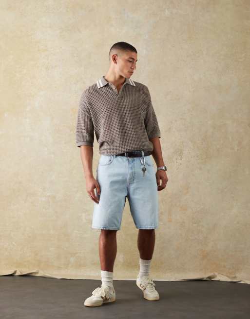 ASOS DESIGN – Brązowa koszulka polo z ażurowej dzianiny o luźnym pudełkowym kroju z lamówką na kołnierzyku