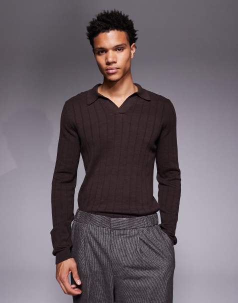 ASOS DESIGN muscle fit long sleeve knitted rib notch neck polo in brown