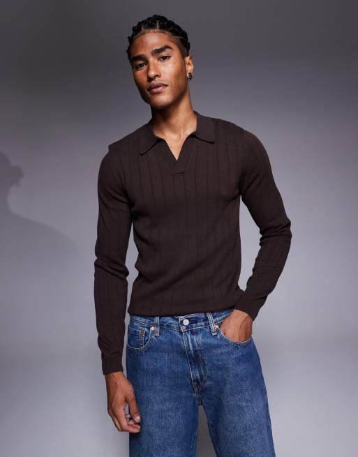 ASOS DESIGN – Brązowa koszulka polo z długimi rękawami i wycięciem w dekolcie o kroju podkreślającym sylwetkę z prążkowanej dzianiny