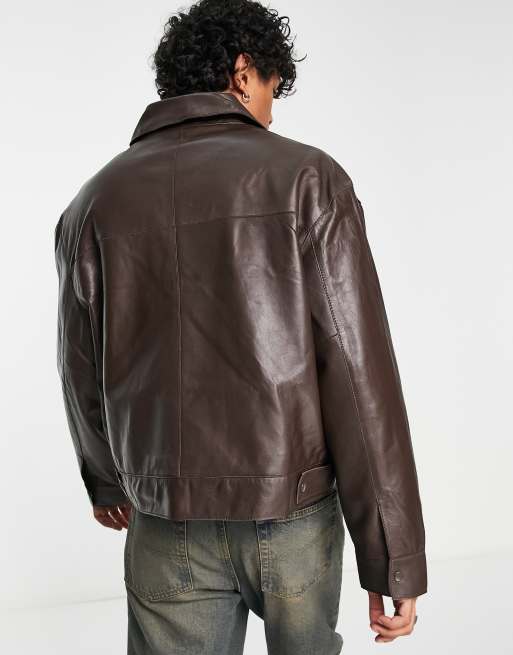 ASOS DESIGN – Brązowa krótka kurtka oversize typu harrington ze skóry naturalnej, 2 z 4