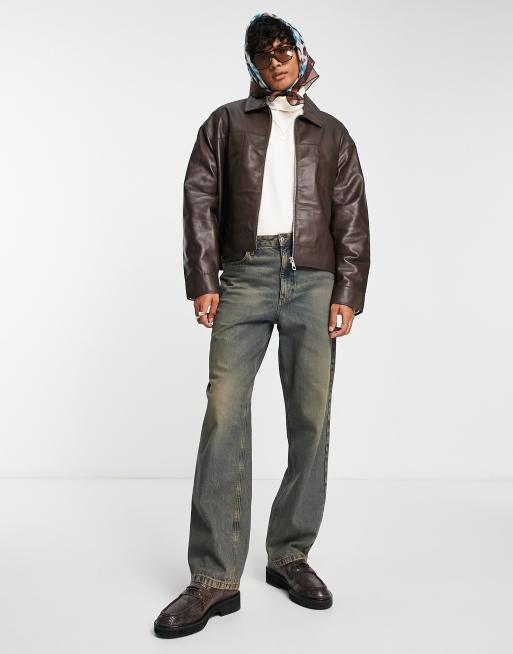 ASOS DESIGN – Brązowa krótka kurtka oversize typu harrington ze skóry naturalnej, 4 z 4