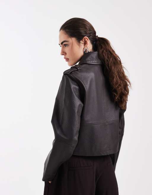 ASOS DESIGN – Brązowa, krótka kurtka typu biker ze skóry naturalnej, 4 z 4