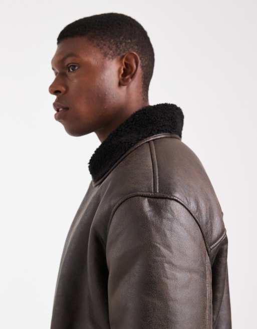 ASOS DESIGN – Brązowa kurtka aviator z kołnierzem z kożuszka, 4 z 5