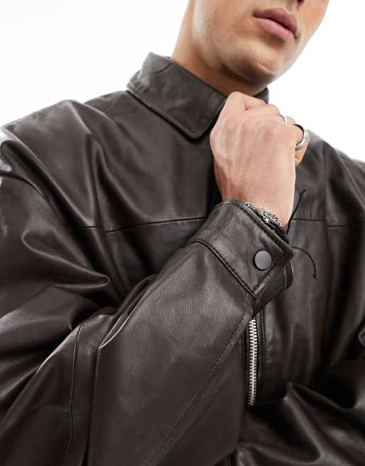 ASOS DESIGN – Brązowa kurtka extreme oversize typu Harrington z naturalnej skóry, 2 z 4