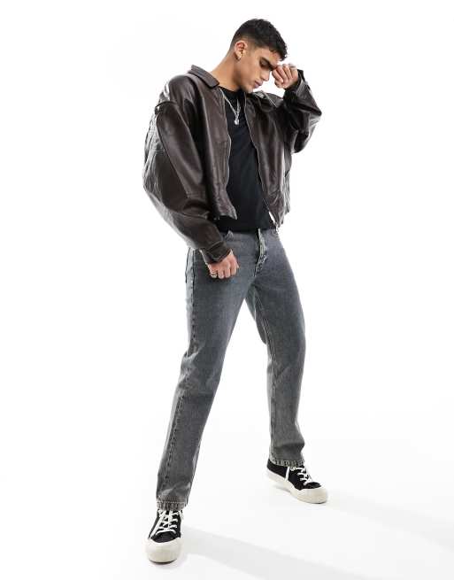 ASOS DESIGN – Brązowa kurtka extreme oversize typu Harrington z naturalnej skóry, 3 z 4