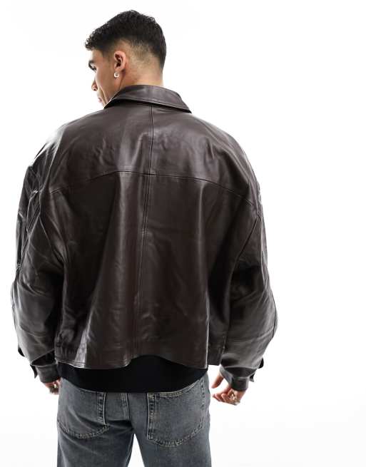 ASOS DESIGN – Brązowa kurtka extreme oversize typu Harrington z naturalnej skóry, 4 z 4