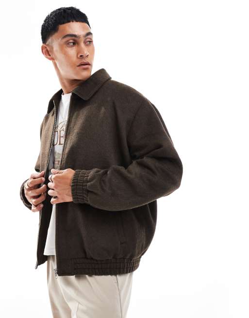 ASOS DESIGN – Brązowa kurtka Harrington o kroju oversize z imitacji wełny