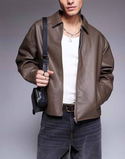 ASOS DESIGN – Brązowa kurtka Harrington o pudełkowym kroju oversize z imitacji skóry