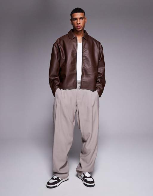 ASOS DESIGN – Brązowa kurtka Harrington o pudełkowym kroju oversize z imitacji skóry