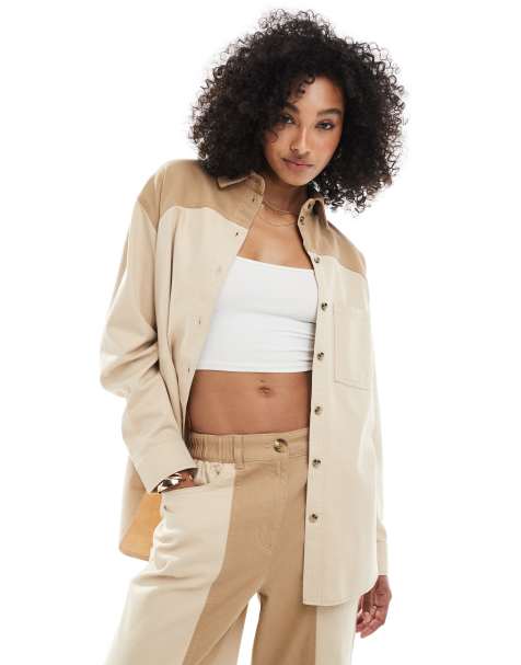 ASOS DESIGN – Brązowa kurtka koszulowa oversize z blokami kolorów i efektem sprania, część zestawu - view 1