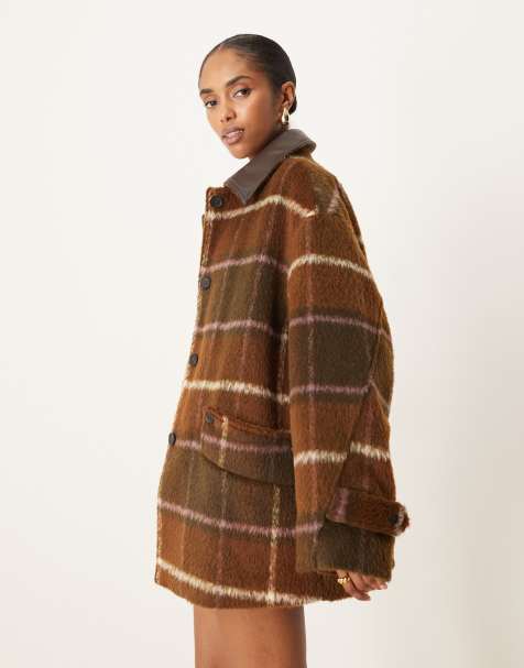 ASOS DESIGN oversized leather look collar jacket in brown check