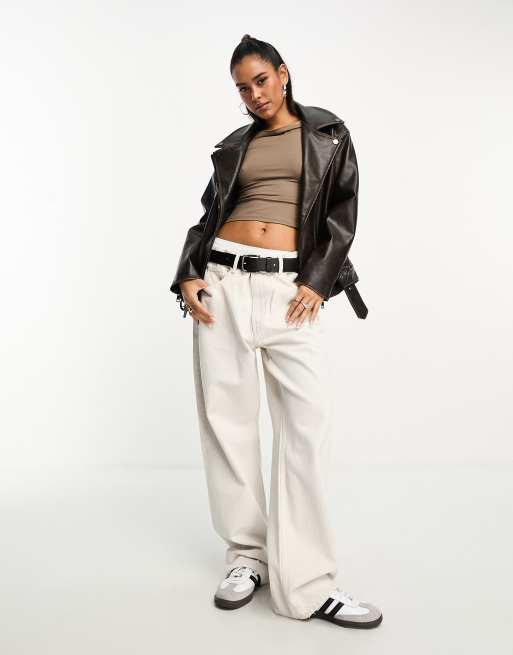 ASOS DESIGN – Brązowa kurtka typu biker z imitacji skóry z efektem sprania, 3 z 4