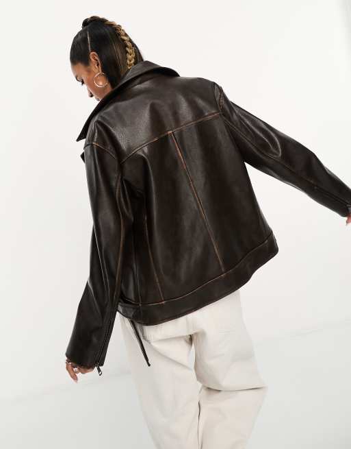 ASOS DESIGN – Brązowa kurtka typu biker z imitacji skóry z efektem sprania, 4 z 4