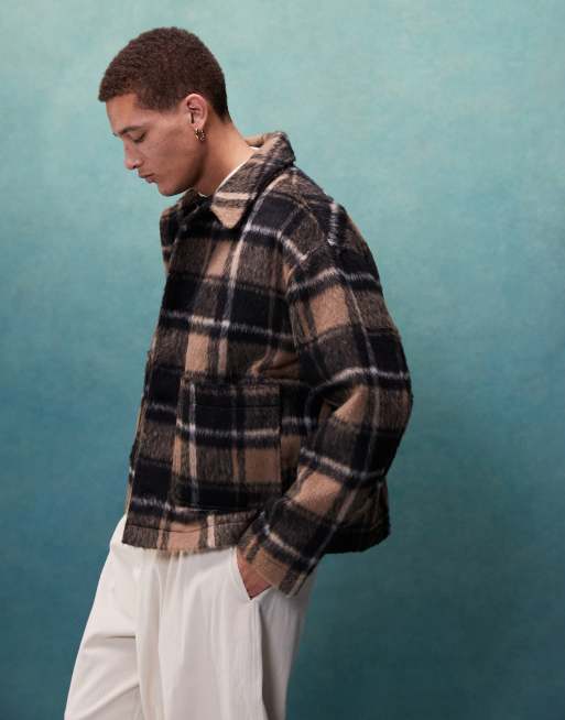 ASOS DESIGN – Brązowa kurtka typu worker oversize z imitacji wełny w kratkę, 2 z 4
