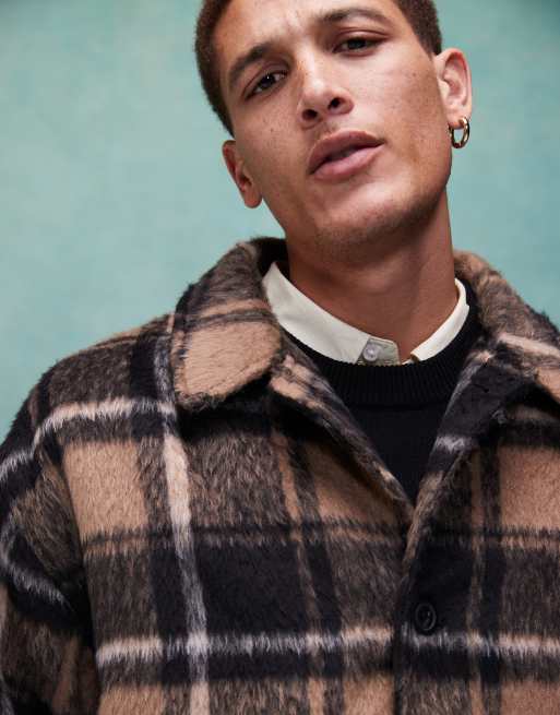 ASOS DESIGN – Brązowa kurtka typu worker oversize z imitacji wełny w kratkę, 3 z 4