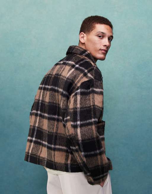 ASOS DESIGN – Brązowa kurtka typu worker oversize z imitacji wełny w kratkę, 4 z 4