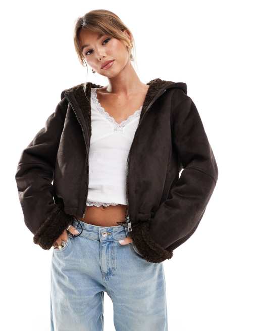 ASOS DESIGN – Brązowa kurtka z kapturem z kożuszka