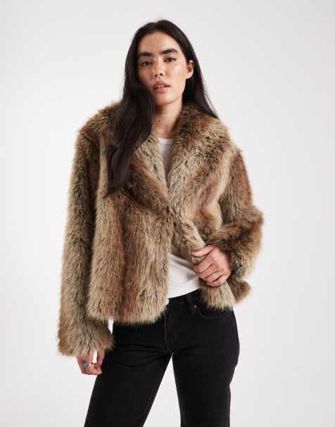 ASOS DESIGN shawl collar faux fur jacket in brown stripe