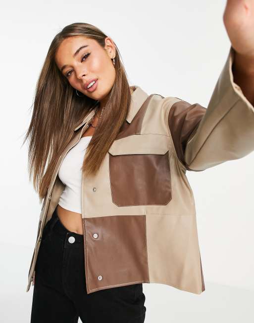 ASOS DESIGN – Brązowa kurtka z imitacji skóry ze wstawkami