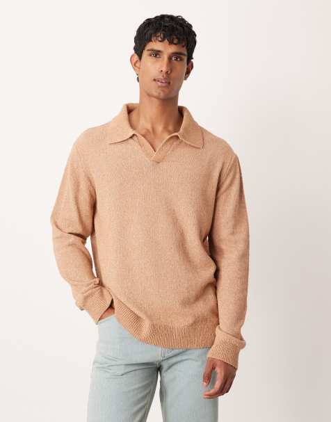 ASOS DESIGN relaxed textured long sleeve knitted notch neck polo in brown