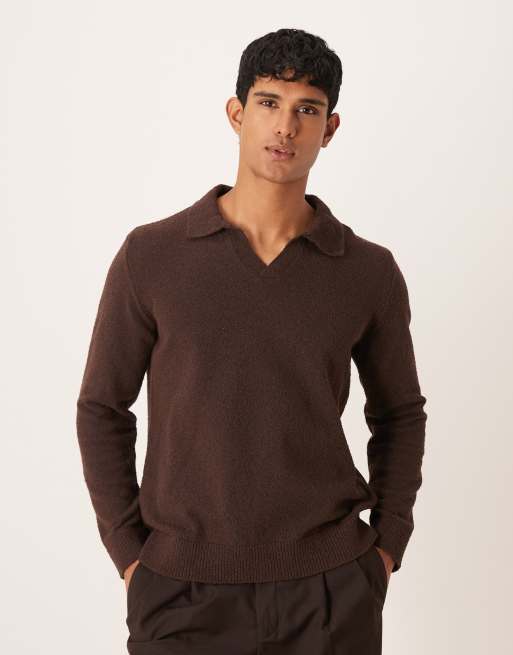 ASOS DESIGN – Brązowa luźna fakturowana koszulka polo z długimi rękawami i rozcięciem w dekolcie