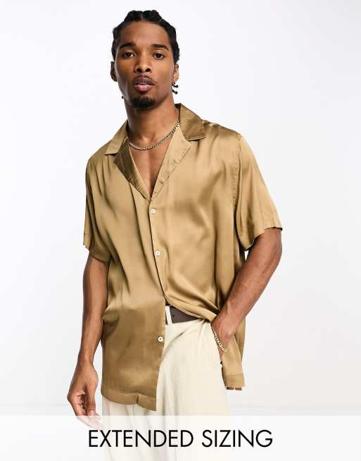 ASOS DESIGN – Brązowa luźna koszula satynowa z głębokim kołnierzykiem kubańskim i krótkimi rękawami