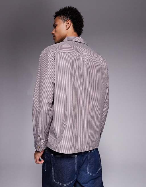 ASOS DESIGN – Brązowa luźna koszula w paski z kołnierzykiem kubańskim, 3 z 5