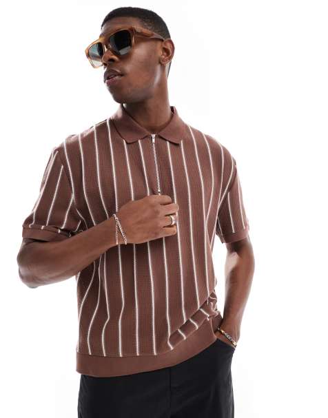 ASOS DESIGN relaxed boxy striped half zip polo in brown and white