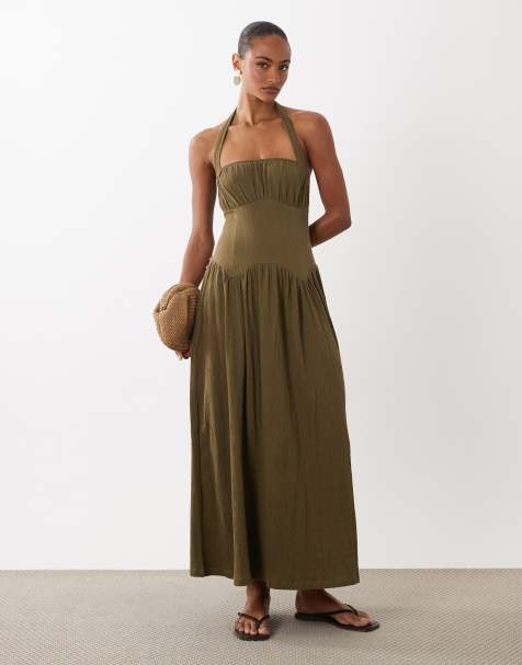 ASOS DESIGN – Brązowa marszczona sukienka maxi z dekoltem w kształcie serca - view 1