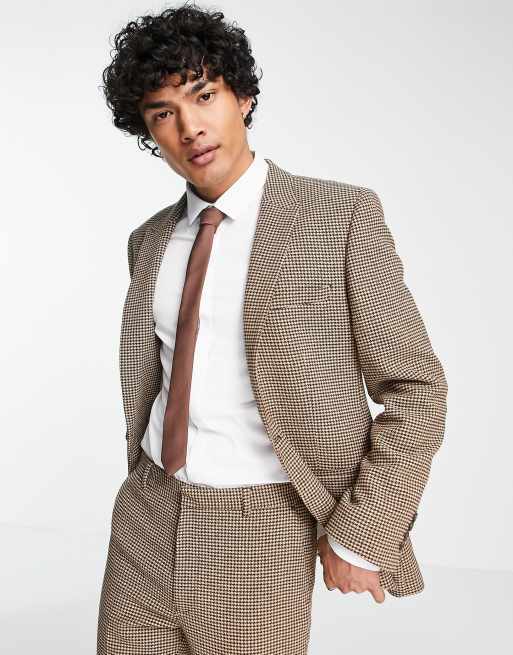 ASOS DESIGN – Brązowa marynarka garniturowa z domieszką wełny o obcisłym kroju we wzór w pepitkę