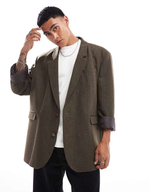 ASOS DESIGN – Brązowa marynarka oversize w jodełkę