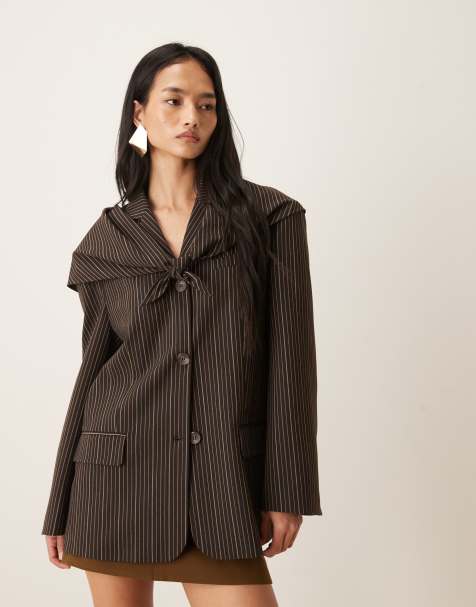 ASOS DESIGN scarf detail blazer in brown pinstripe