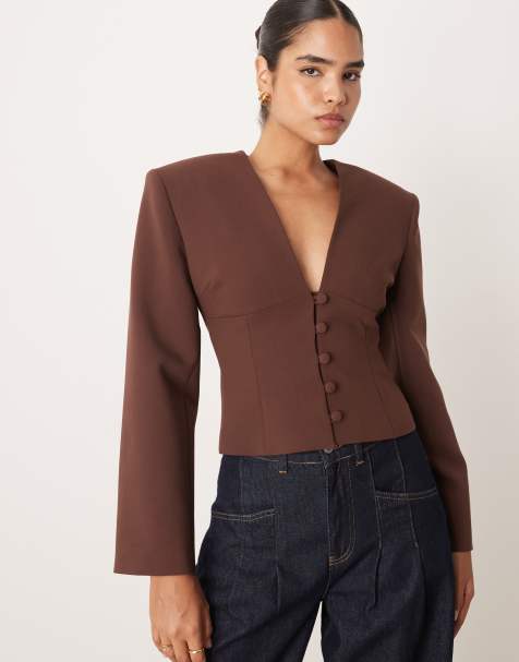 ASOS DESIGN plunge neck cinch waist blazer in brown