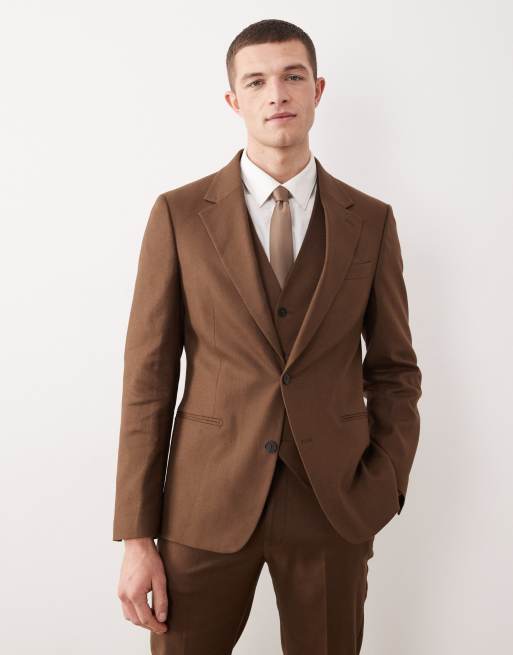 ASOS DESIGN – Brązowy garnitur o obcisłym kroju z dużą zawartością lnu, 2 z 4