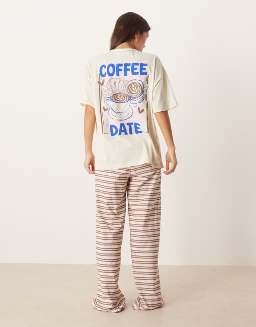 ASOS DESIGN – Brązowa piżama z T-shirtem oversize z nadrukiem i spodniami z szerokimi nogawkami