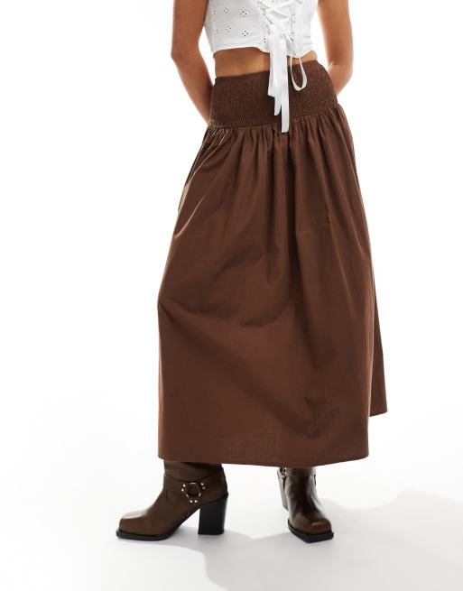 ASOS DESIGN – Brązowa popelinowa spódnica maxi marszczona w talii